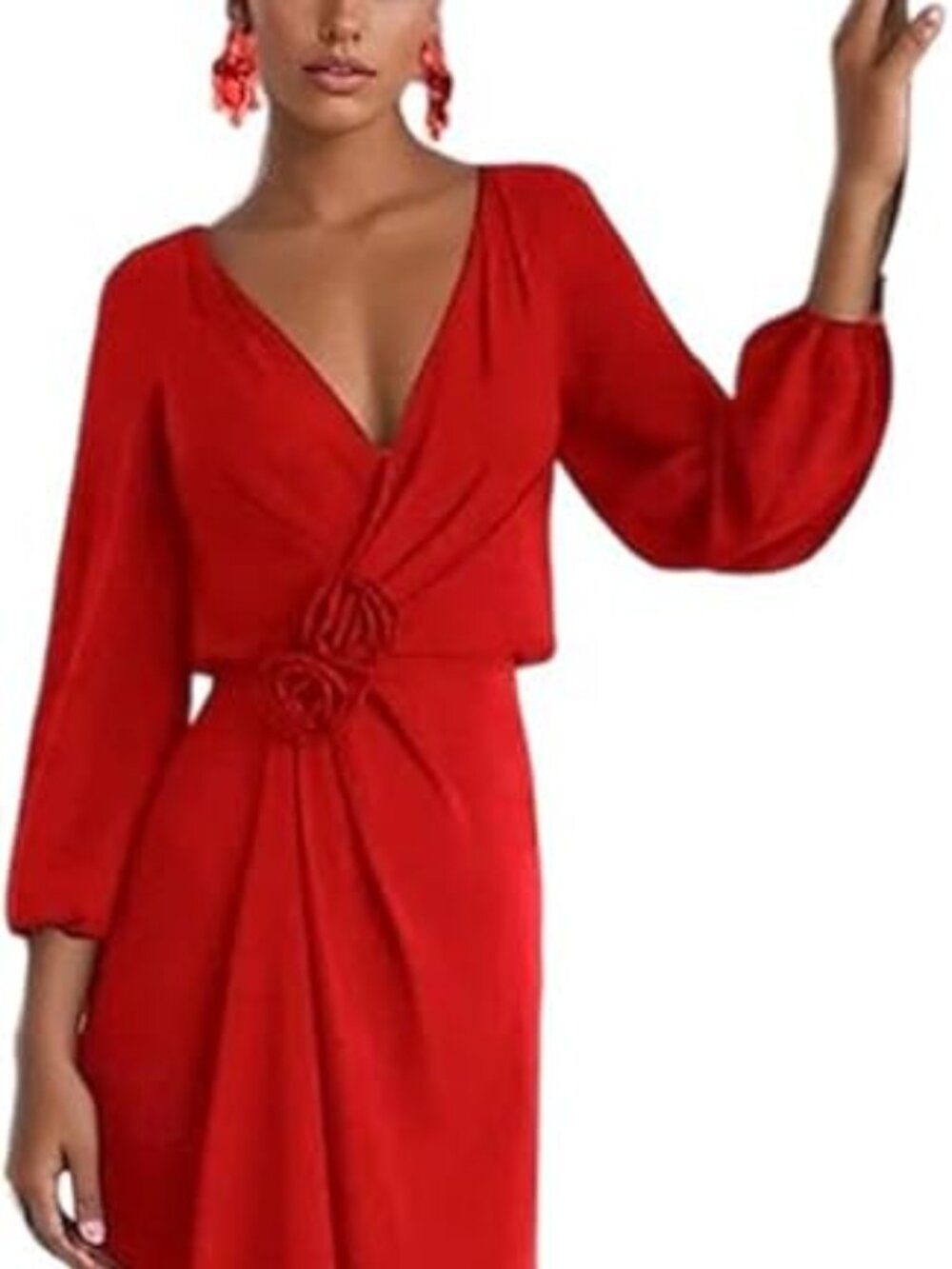 A-Line Red Evening Dress Long Sleeve V Neck Floor Length Wedding Guest Dress